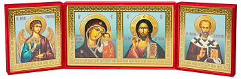 Складень Господь Вседержитель, Казанская Божия Матерь, Николай Чудотворец, Ангел Хранитель, бархат 16х28 см (№3)