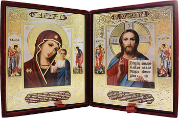 Складень Господь Вседержитель, Казанская Божия Матерь с молитвой, бархат 13х16 см, (№14М)
