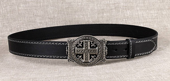 Ремень мужской 40мм кожаный молитва внутри с литой пряжкой "Крест с трехлистником"