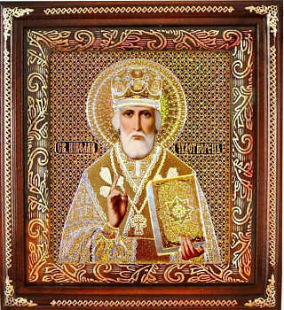Икона Святитель Николай, архиепископ Мирликийский, чудотворец в киоте "Стикер" под стеклом, голография