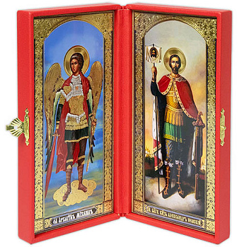 Складень с ростовыми иконами Александр Невский и Архистратиг Михаил в кожаном футляре с вышивкой 9 х 18 см