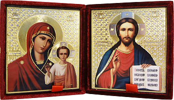 Складень венчальный Господь Вседержитель, Казанская Божия Матерь, бархат, 9х10 см (№15)