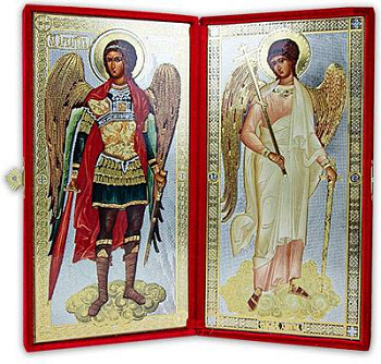 Складень с ростовыми иконами Ангела Хранителя и Архистратига Михаила в бархатном футляре 12 х 24 см