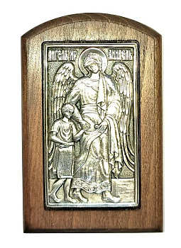 Икона на дереве АНГЕЛ ХРАНИТЕЛЬ С МЛАДЕНЦЕМ, гальваника, 11,5 х 7 см